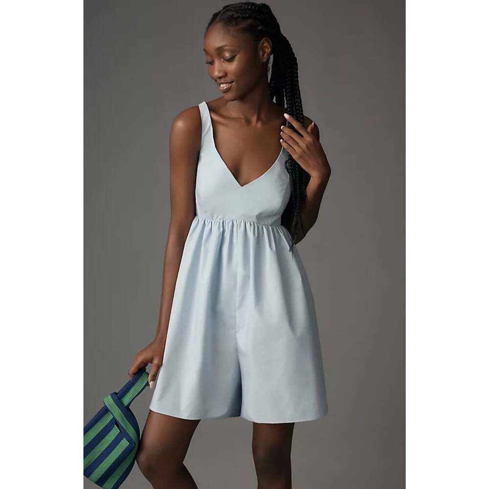 Mare Mare Anthropologie Sleeveless V-Neck Romper Blue Cotton Size Small